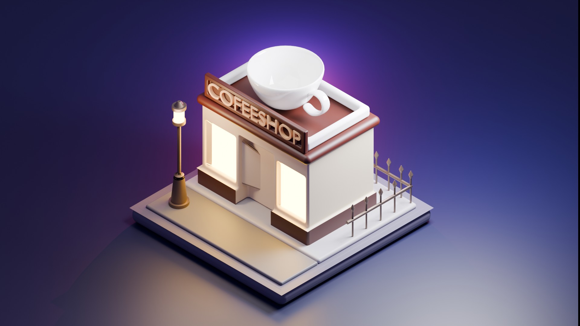 3D render van een koffiebar, gebouwd in blender.