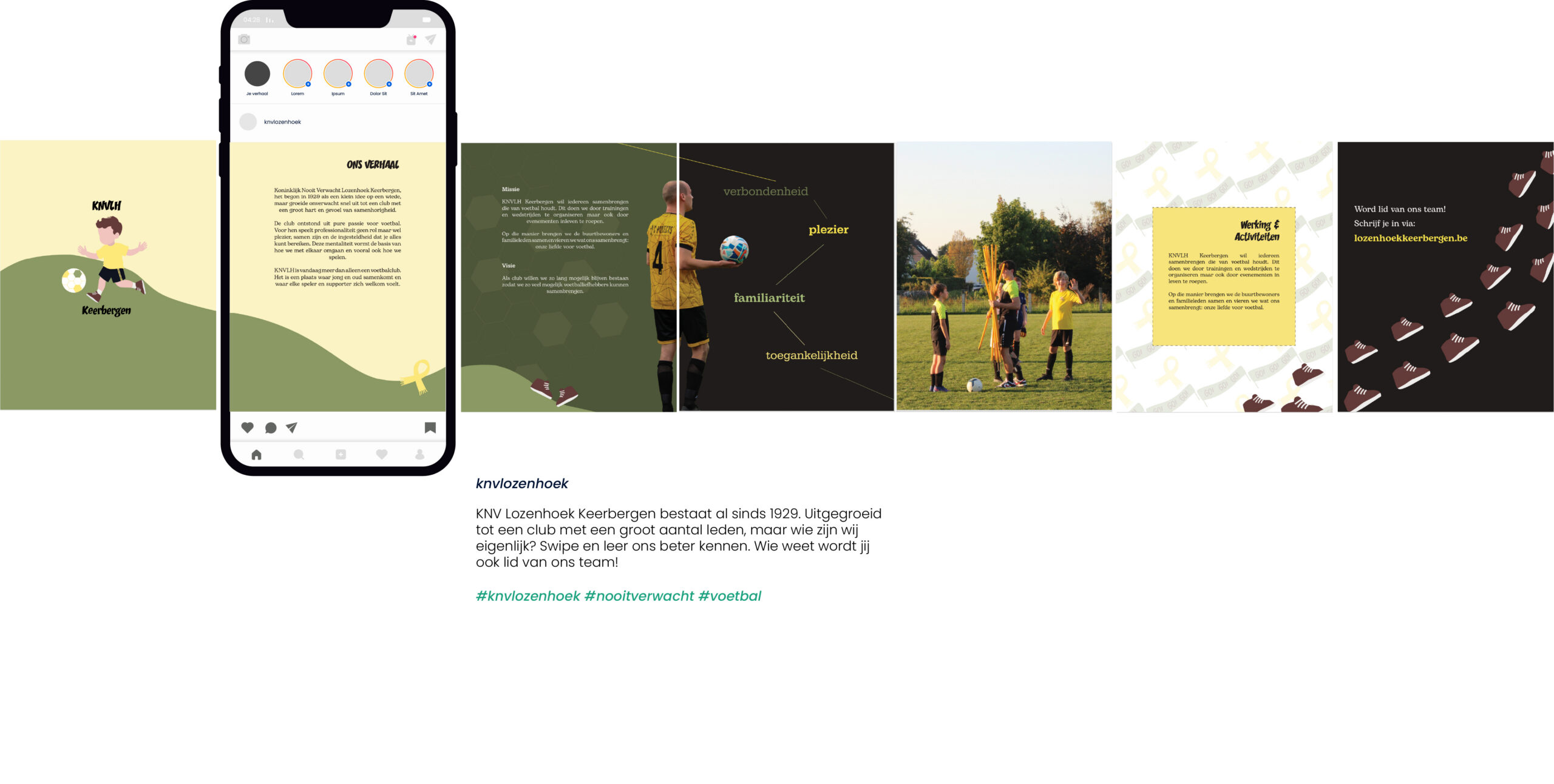 een instagram mock-up van een carroussel voor KNV Lozenhoek, de slides bevatten geel, groen en bruine tinten met af en toe een foto en/of illustratie