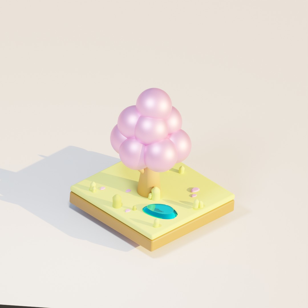 Een fictief 3D landschap, gebouwd met blender. Een beige achtergrond, een groenveldje met blauw vijvertje. Een boom met roze bubbels als bladeren.